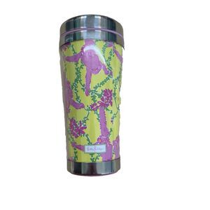Lilly Pulitzer Insulated Travel Cup Coffee/Tea Yellow Pink Orangutang Print Fun‎